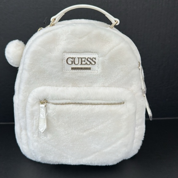 New Guess White Quilted Backpack with Pom-Pom Charm - Picture 2 of 5